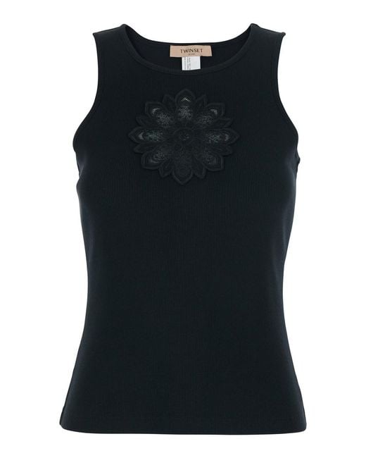Twinset Black Sleeveless Top With Tone-On-Tone Floral Embroidery On The Fron