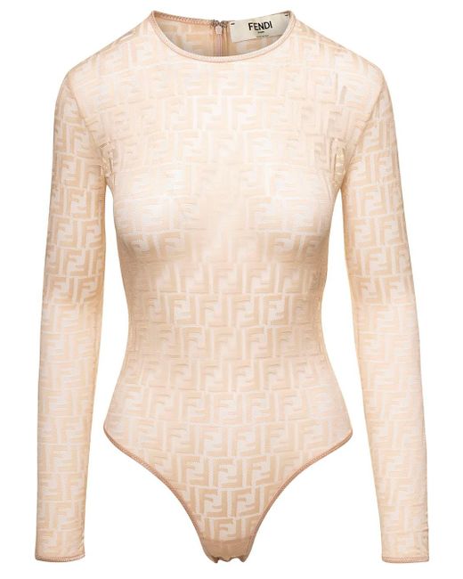 Fendi Natural And White Body-suit With All-over Ff Motif In Stretch Polyamide