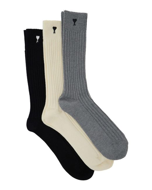 AMI Black Set Of Three Socks With Adc Embroidery And Ribbed Knit for men