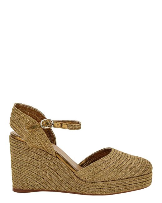 Castaner Brown 'carolyn' Gold Wedge With Ankle Strap In Metallic Rafia