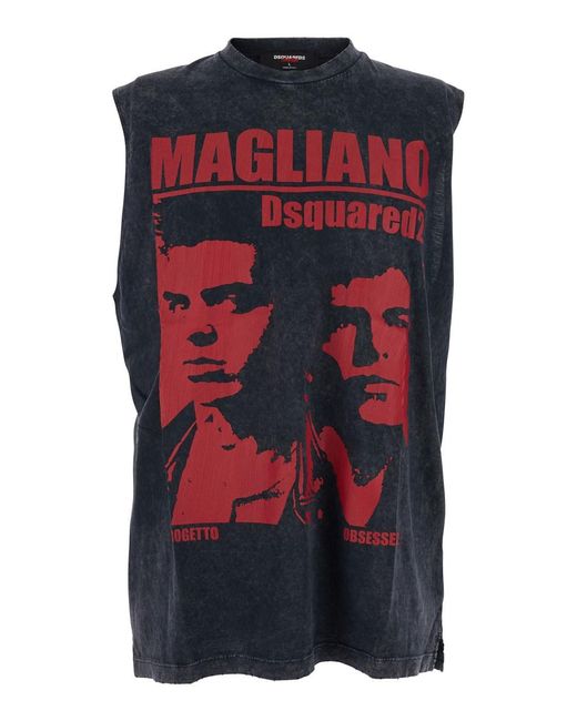 DSquared² Blue 'D2 X Magliano' Crew Neck Top With Logo Lettering And Front Print for men