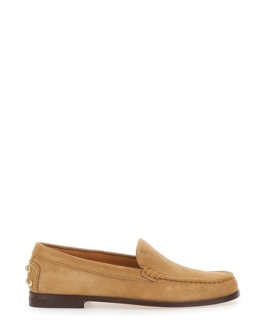 Tod's Brown Loafers With Embossed Logo And Stud Details On The Back