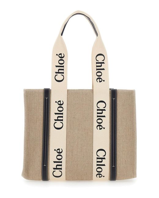 Borsa tote 'woody' media con nastro multicolor in pelle e lino donna chloé di Chloé in Natural