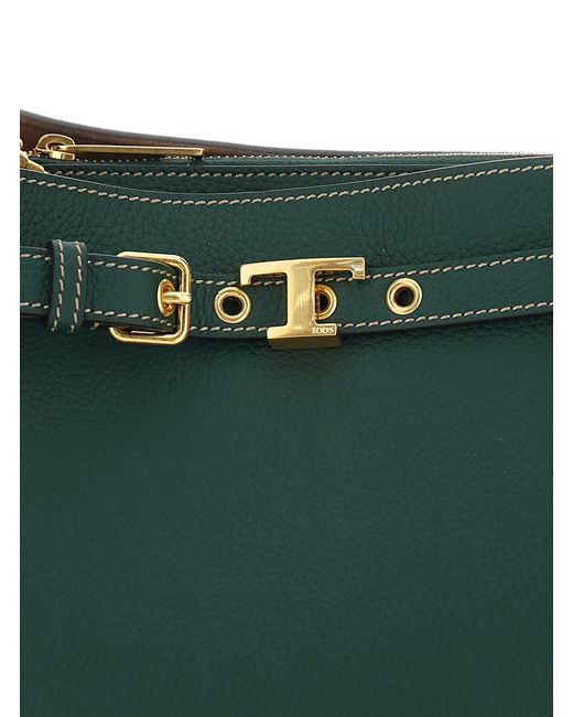 Tod's Green 'T-String Small' Handbag With Adjustable And Removable Shoulder Strap And Buckled Belt Detail On The Front