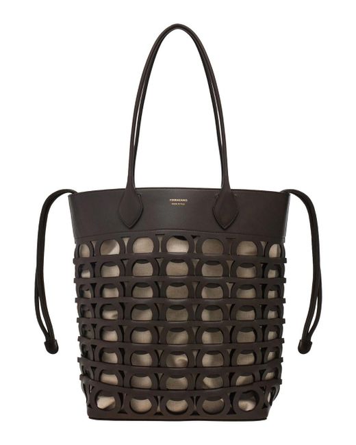 Ferragamo Black Tote Bag With Cut-out And Magnetic Closure And Drawstring Closure In Leather Woman