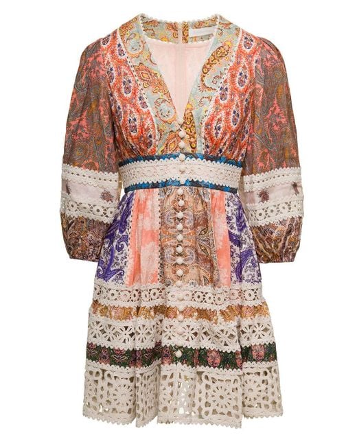 Zimmermann Multicolor Mini Dress With Puff Sleeves And All-Over Paisley Print