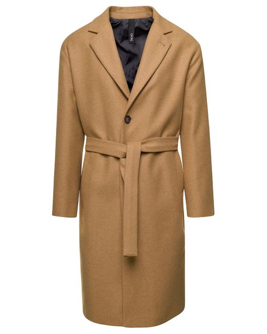 Hevò Natural Camel Brown Single-breasted Coat With Revers Collar In Cashmere for men