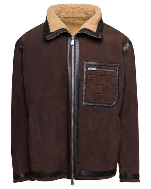 Fendi Brown Blouson Jacket With Ff Motif Pocket In Shearling for men