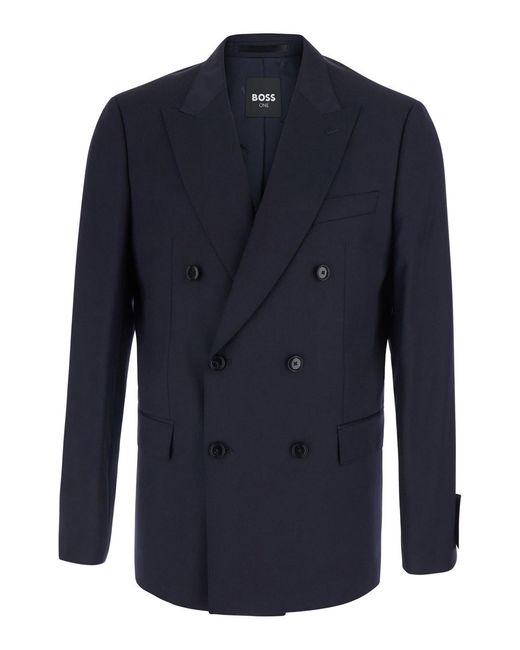 Boss Blue Double-Breasted Jacket With Notched Revers for men