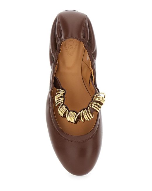 Tod's Brown 'Dee' Ballerinas With Decorative Rings On The Front