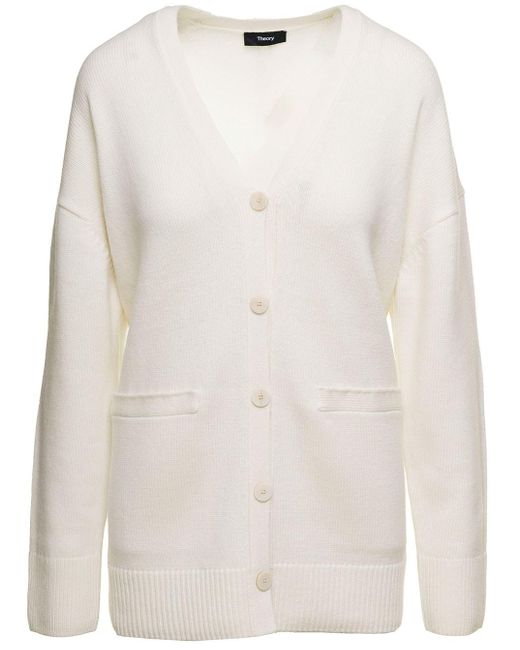 Theory White Maxi Cardigan With Buttoned Fastening And Suede Detail In Wool