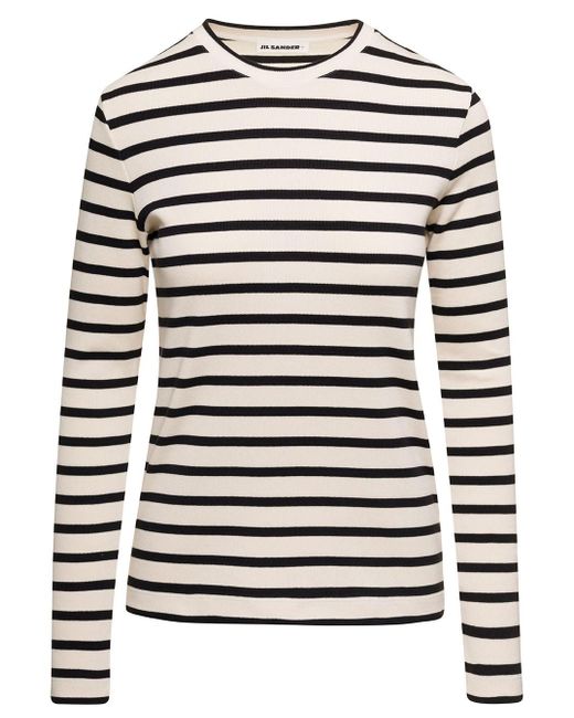 Jil Sander Striped T-shirt With Long Sleeves And Logo On The Back And White Cotton Woman