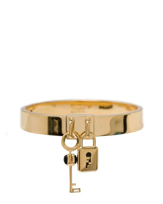 Fendi Metallic 'master Key' Golden Bangle With Padlock Pendants In Brass Woman