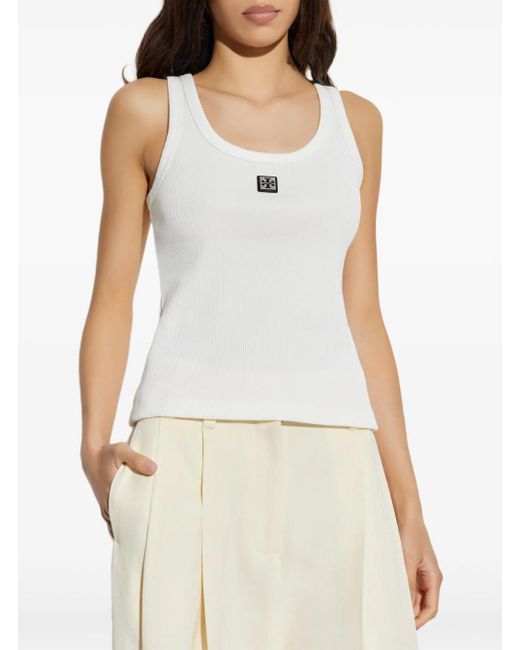 Tory Burch White Sleeveless Top With Round Neck And Logo Embroidery On