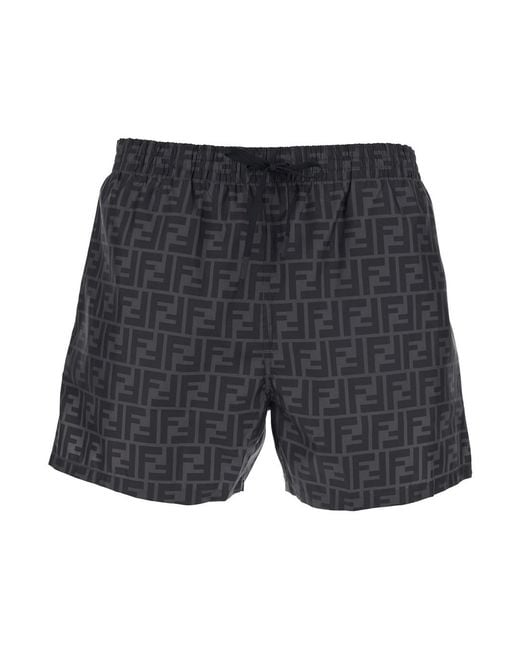 Fendi Gray Swim Shorts With Elastic Drawstring Waist And All-Over Ff Motif for men