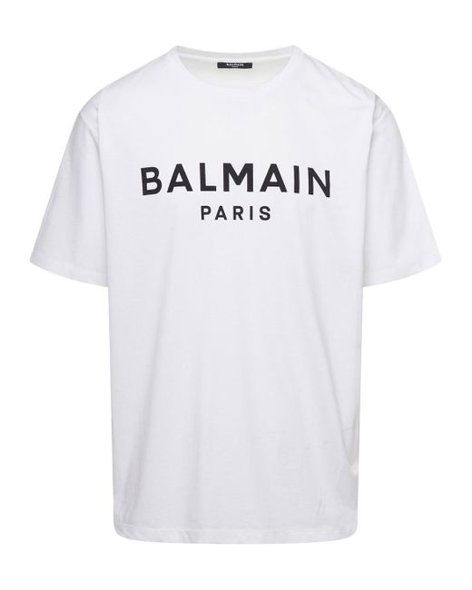 Balmain White Crewneck T-shirt With Contrasting Logo Lettering Print In Cotton Man for men