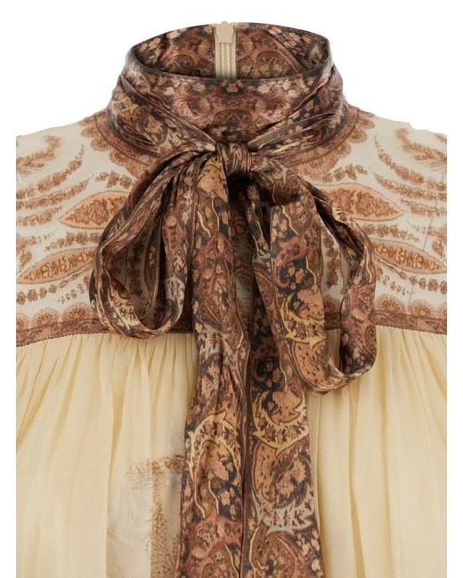 Zimmermann Brown 'Hypnotic' Mini Dress With Pussybow Collar And All-Over Paisley Print