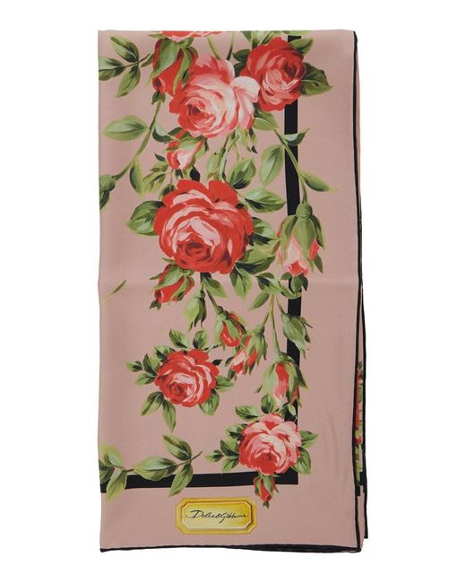 Dolce & Gabbana Gray Silk Square Scarf With All-Over Floral Motif And Logo On The Front