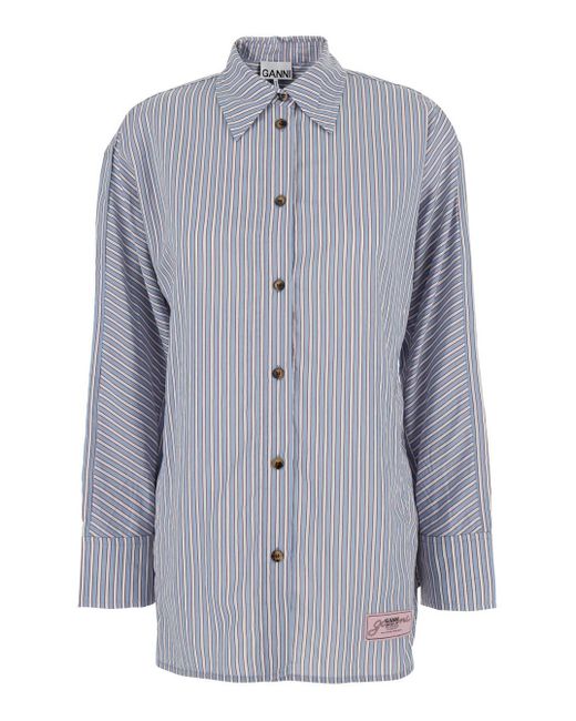 Ganni Blue Shirt With All-Over Stripes And Logo Patch On The Front