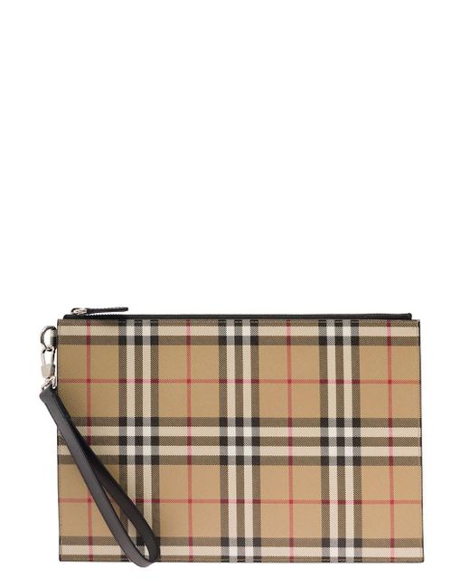 Burberry Natural Pouch With Vintage Check Motif And Detachable Wrist Strap In Cotton Blend Man for men