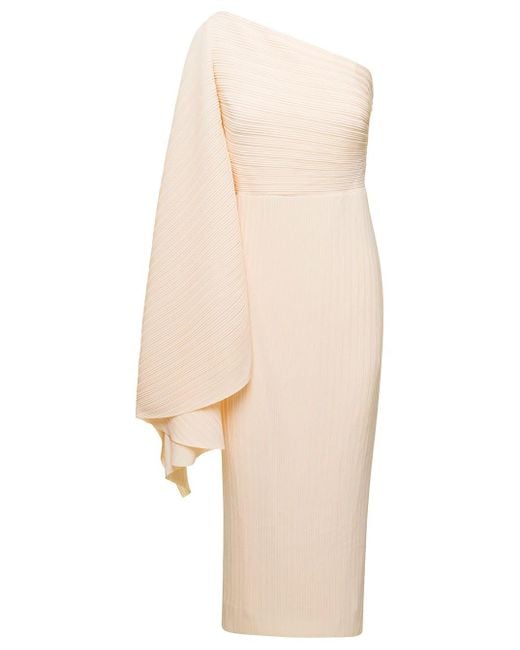 Solace London Natural Ivory Lenna One-shoulder Midi Dress In Polyester Woman