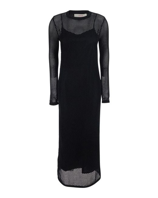 Jucca Black Long Dress With Long Sleeves And Perforated Details