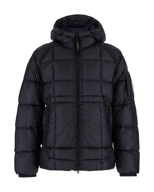 C P Company Blue Hooded Jacket With Logo Plate On The Sleeve for men