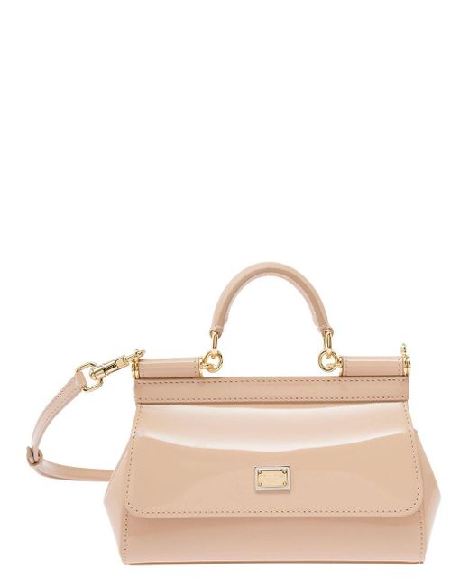 Dolce & Gabbana Natural 'sicily' Beige Handbag With Logo Plaque In Patent Leather Woman