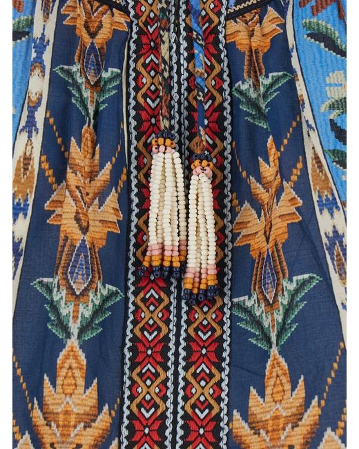 Farm Rio Blue Dress Embroidered Tapestry Cotton