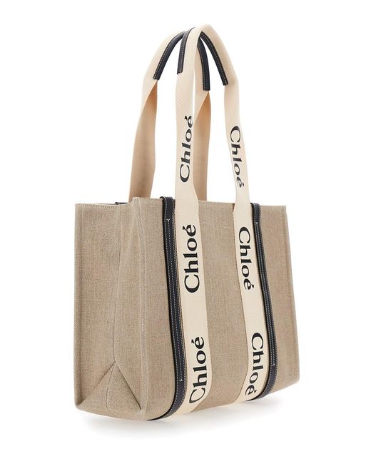 Borsa tote 'woody' media con nastro multicolor in pelle e lino donna chloé di Chloé in Natural