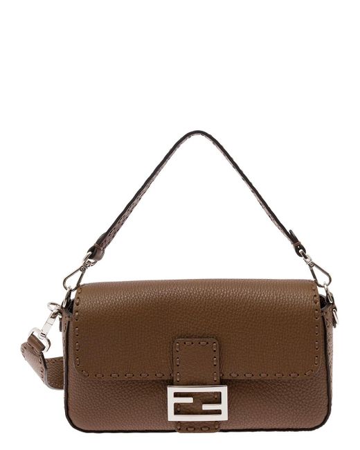 Fendi Brown 'Baguette Medium' Handbag With Macro Stitchings