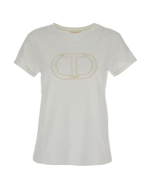 Twin Set White Crewneck T-Shirt With Embroidered Logo