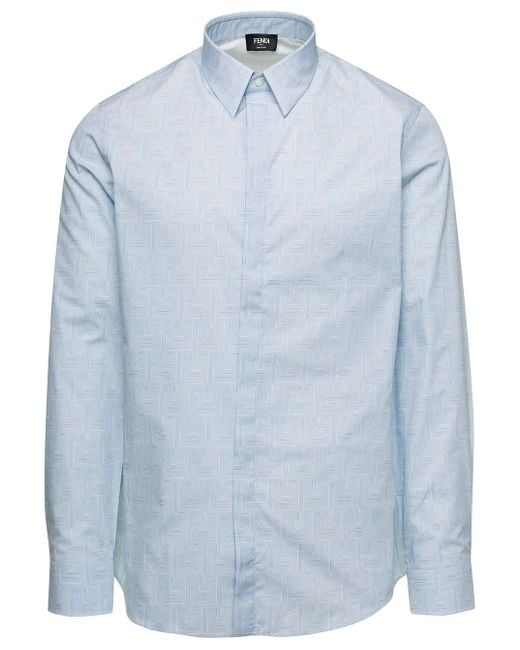 Fendi Blue Shirt Ff Logo Long Sleeve Cotton for men