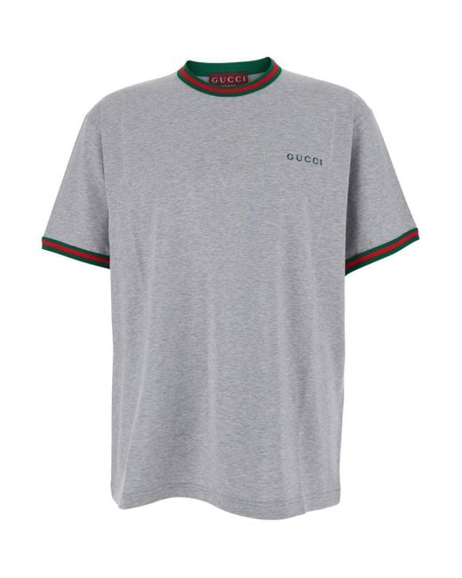 T-Shirt Girocollo Con Dettagli Web Sui Bordi E Logo Lettering In di Gucci in Gray da Uomo