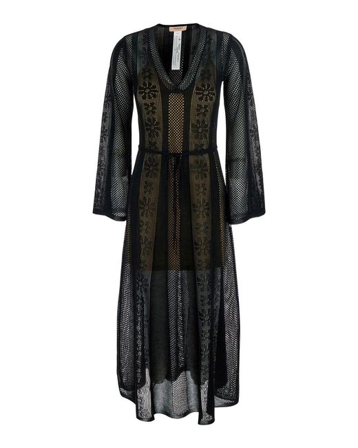 Twinset Black Long Dress With V-Neck And Semi-Transparent Design With