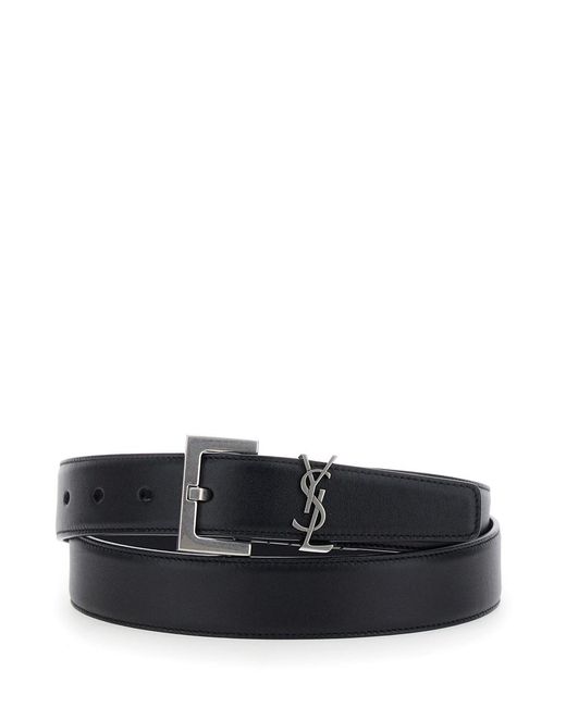 Saint Laurent Black Belt With Square Buckle And Cassandre Plaque