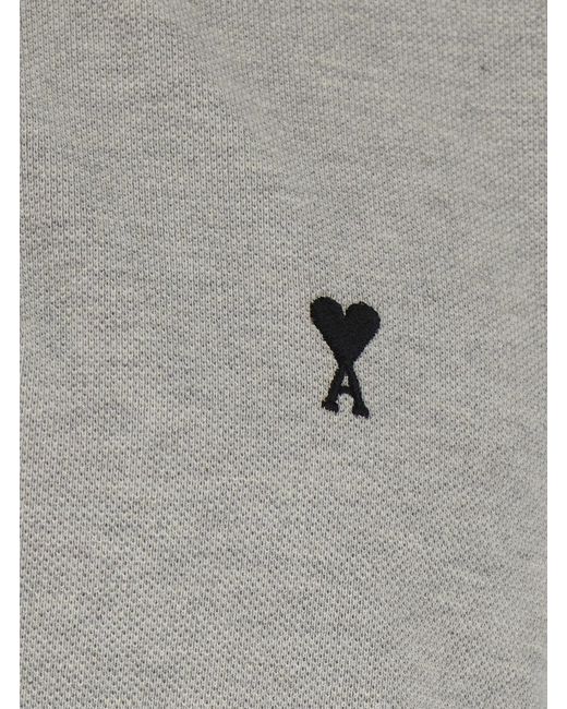 AMI Gray Polo Shirt With Ami De Coeur Contrast And Cotton Fabri for men