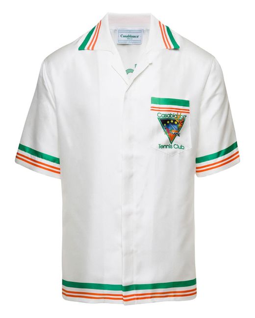 CASABLANCA White Polo Shirt With Tennis Club Icon Print And Striped Trims In Silk Twill Man for men