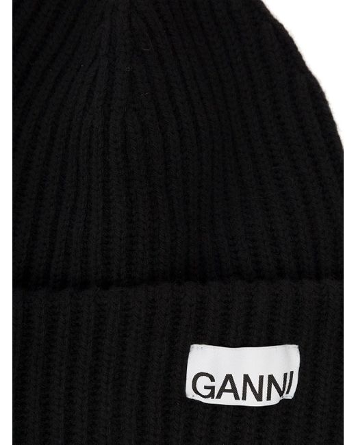 Berretto con logo frontale in misto lana di Ganni in Black