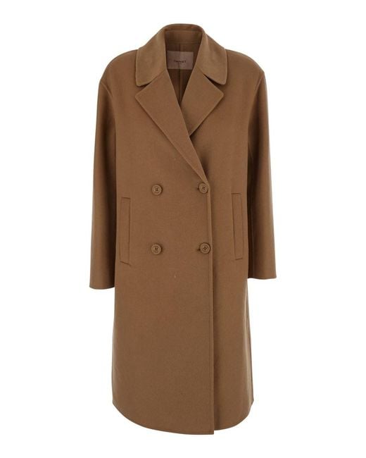 Twinset Brown Double-Breasted Coat With Notched Revers