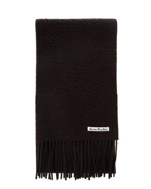 Acne Black Scarf With Patch Logo And Fringed Hem In Wool for men
