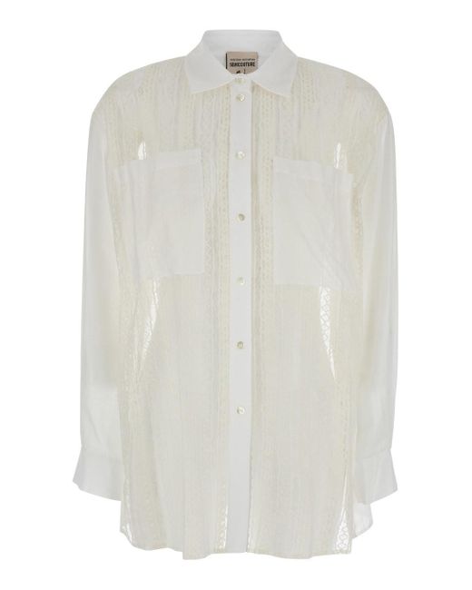 Semicouture White Panelled Lace Design Shirt