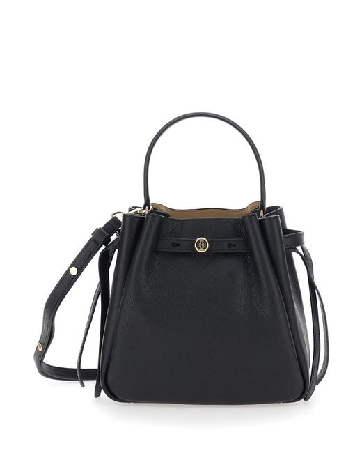 Tory Burch Black Bucket Bag Romy Grained Leather