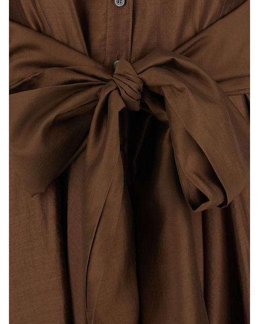 Le Plain Brown Long Dress With Adjustable Waist Belt And Cuban Collar I
