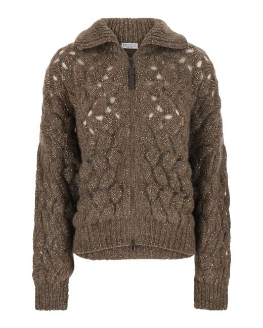 Brunello Cucinelli Brown High-Neck Cardigan With Cable Knit Design In