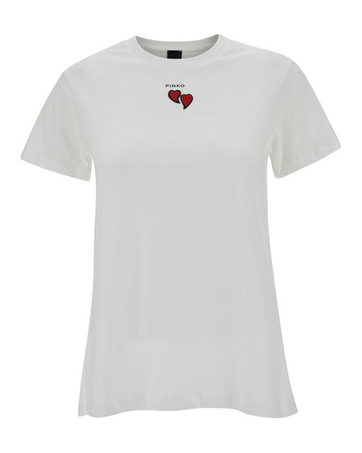 T-Shirt Girocollo Con Logo E Ricamo Cuore di Pinko in White