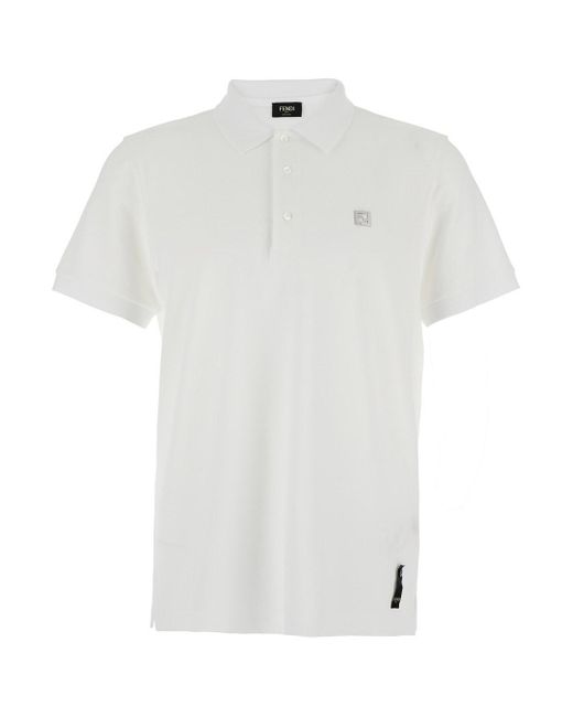 Fendi White Polo Shirt With Classic Collar And Metallic Ff Plaque On T for men