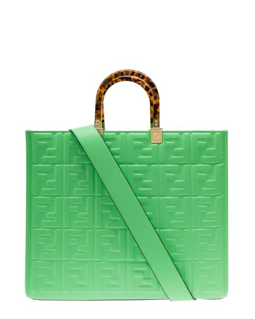 Fendi Green 'sunshine' Medium Shopper Bag With All-over Raised Ff Motif In Leather Woman