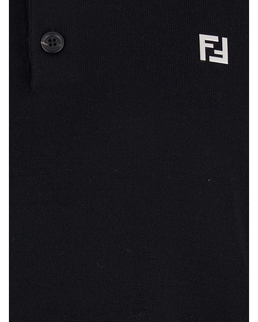 Fendi Blue Long-Sleeve Polo Shirt With Classic Collar And Ff Plaque O for men