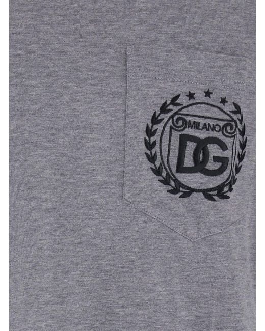 Dolce & Gabbana Gray Crewneck T-Shirt With Logo Embroidery On The Front for men